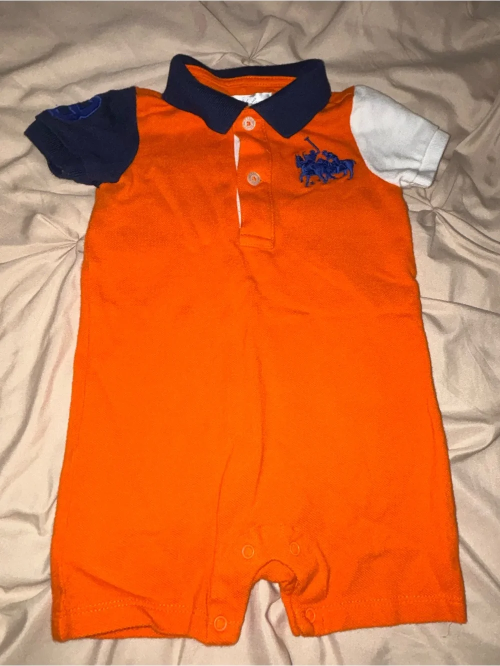 Ralph Lauren Orange Polo One-Piece with Navy & White Sleeves